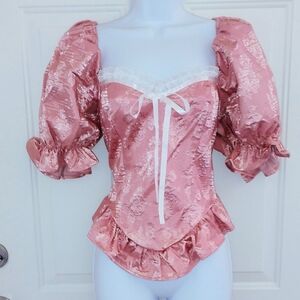 SHEIN Rose Pink Puff Sleeve Ribbon Lace Corset Top